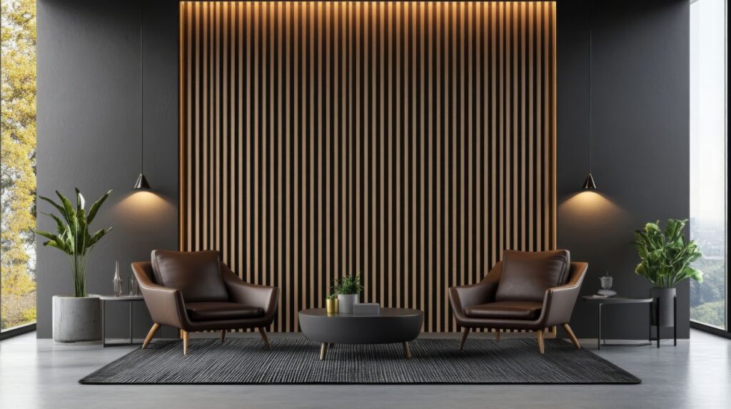 Akustikpaneele aus Holz in modernem Büro mit Sitzbereich, reduzieren Nachhall und verbinden Design mit angenehmer Raumakustik