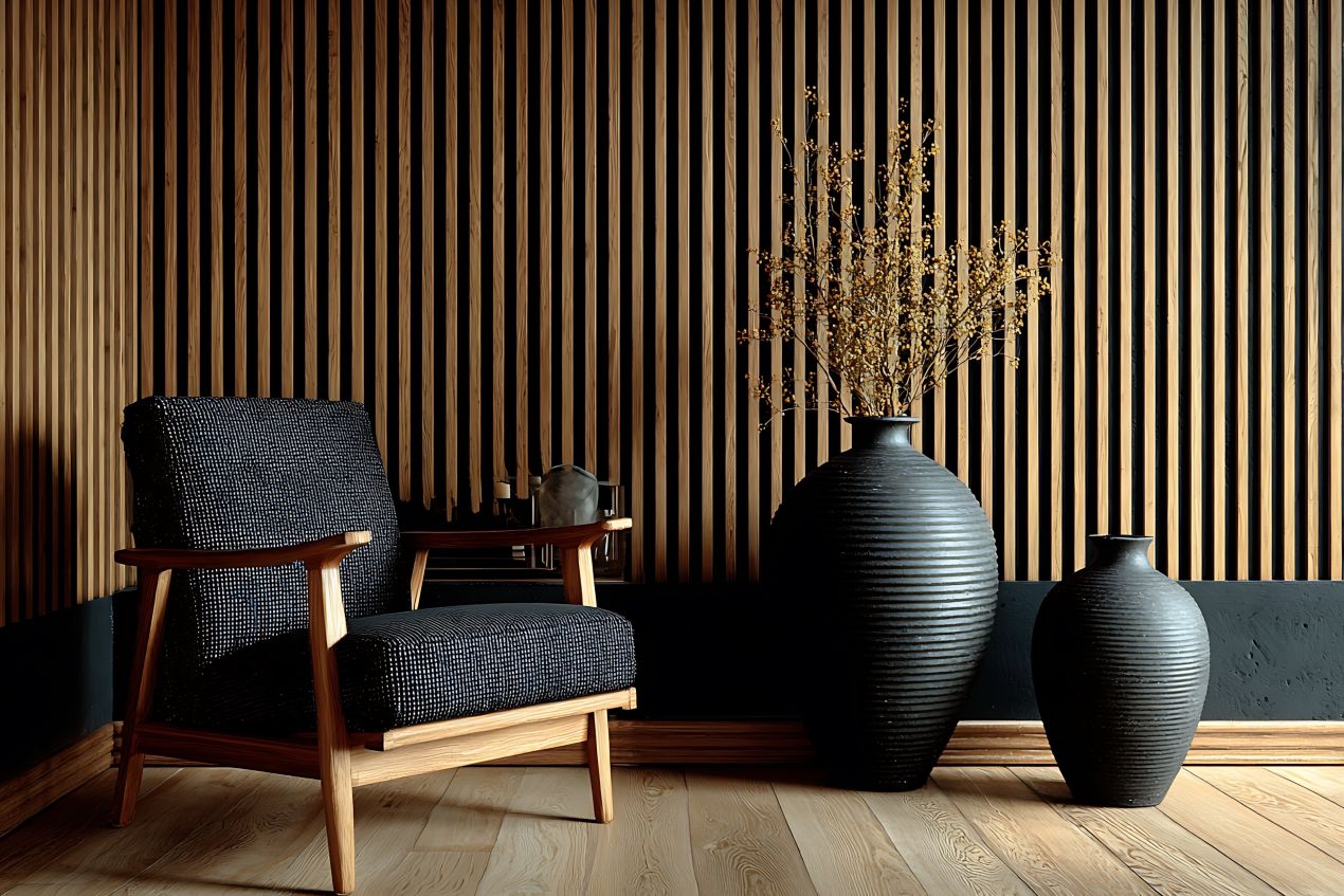 Akustikpaneele mit Holzlamellen im Designraum sorgen für Schalldämpfung, visuelle Ruhe und eine hochwertige Arbeitsatmosphäre