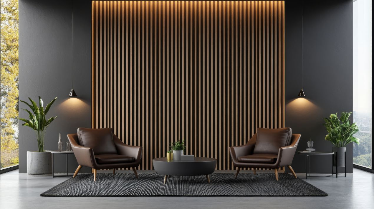 Akustikpaneele aus Holz in modernem Büro mit Sitzbereich, reduzieren Nachhall und verbinden Design mit angenehmer Raumakustik